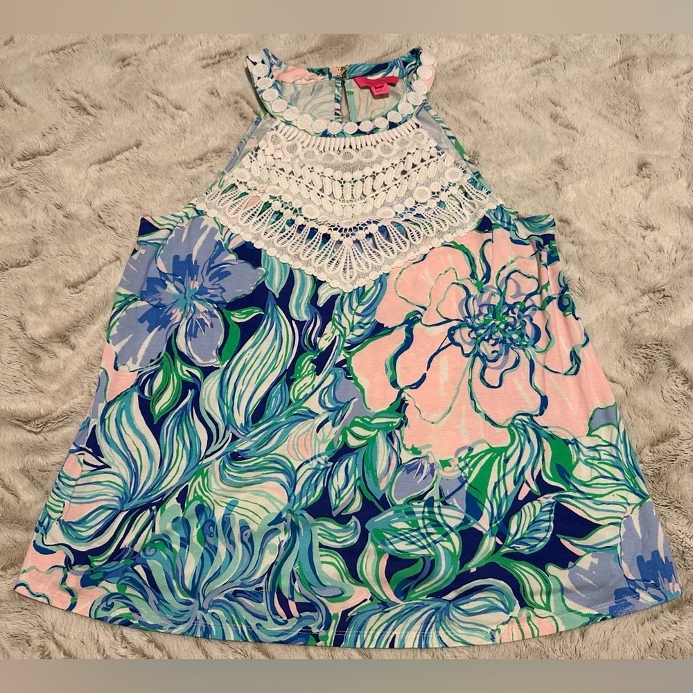 Lilly Pulitzer Dawn Halter Top with Lace Detail "Party Thyme" print - Picture 2 of 8
